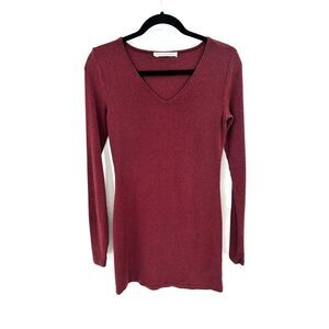 PERUVIAN CONNECTION Burgundy Red Pima Cotton Long Sleeve V-Neck Mini Dress Small